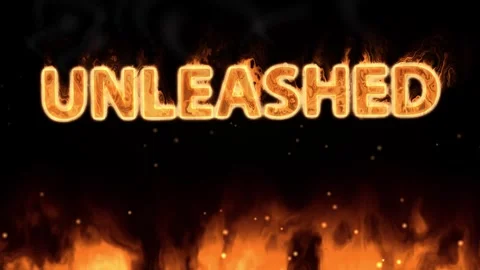 Burning Unleashed Text with Fiery Ground Flames on Black Background Stock Footage 345208404