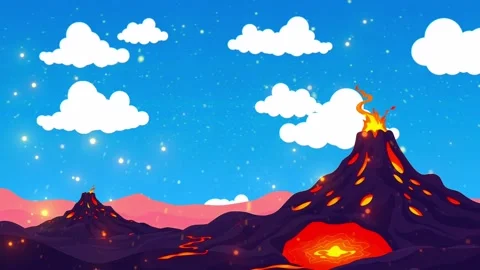 Burning Volcano Landscape with Flowing Lava Stock Footage 303813865