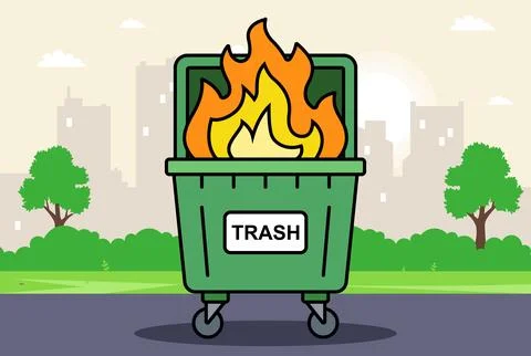 Burning waste bin. flat vector illustration. Illustrazione stock