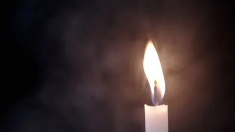 Burning Wax Candle in Cloud of Thick Smoke on Black Background, Close up Stock Footage 312013881