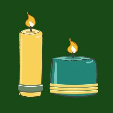 Burning wax or paraffin aromatic candles on green background. Cute hygge home Stock Illustration
