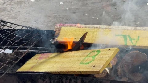 Burning wood chunks inside a barbecue grill. Video stock 330391349