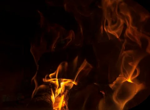 Burning wood in the fireplace on a black background Stock Photos
