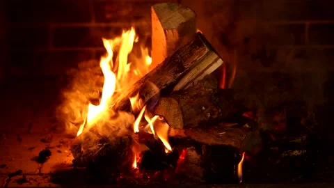 Burning wood in the fireplace, flames of fire Stock Footage 218473479