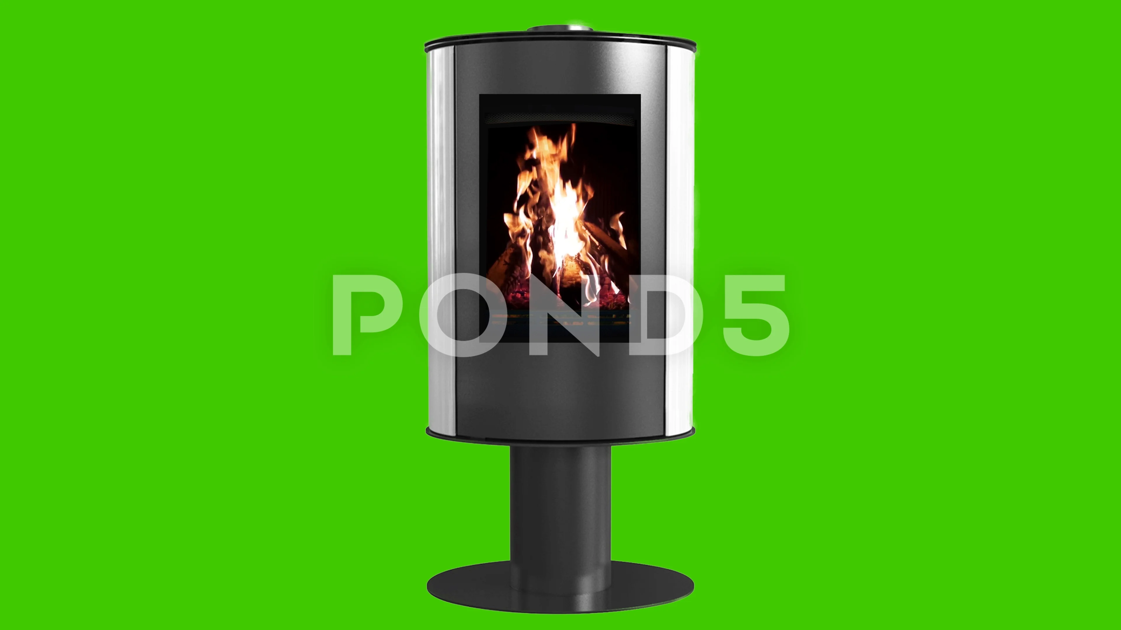 Burning Wood In Fireplace Isolated On Green Screen Perfect For