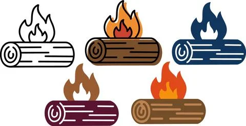 Burning wood log fire icon set flat design graphic Stock Illustration