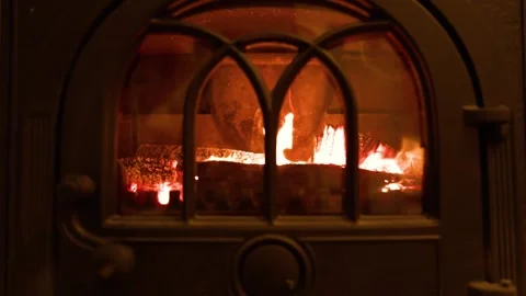 Burning Wood Logs Inside a Cast Iron Fireplace Stove Stock Footage 341472882