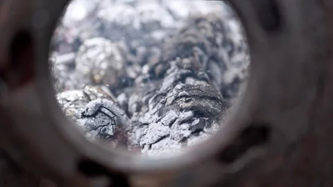 Burning Wood Logs Turning Into White Ash Inside Circular Vent Stock Footage 339067446