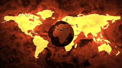 Burning world map with dark planet in center Stock Footage 309448935