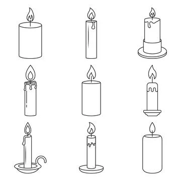 Burnining candle icon set collection in outline stroke flat style. Candleli.. Stock Illustration