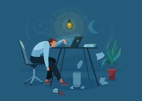 Burnout concept vector background. Tired man sitting on an office chair and Stock Illustration