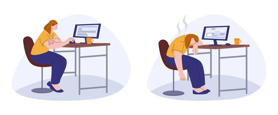 Burnout office worker. Active and tired entrepreneur at work. Sick or sad woman Stock Illustration