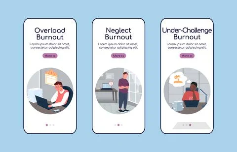 Burnout types onboarding mobile app screen flat vector template Stock Illustration