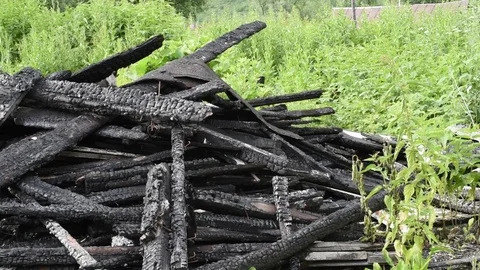 Burnt black logs left over from the fire Stock Footage 119801947