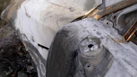 Burnt car. Inside a burnt car. The car after a strong fire. Stock Footage 121748587