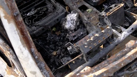 Burnt car. Inside a burnt car. Stock Footage 121748673