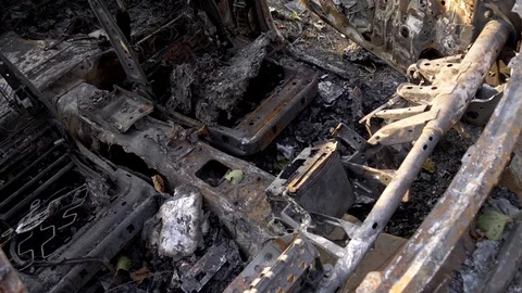 Burnt car. Inside a burnt car. Stock Footage 121748677