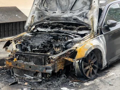 Burnt Car with Severe Fire Damage and Open Hood on a City Street. Charred E.. Stock Photos