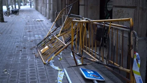 Burnt down barriers and road signs after mass protests and rebellion Видео 118320942