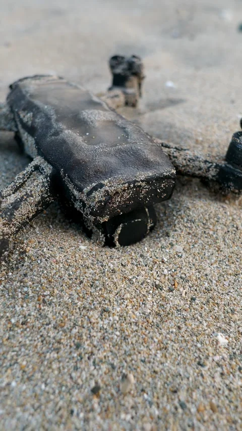 Burnt drone quadcopter on sand. Stock Footage 277516098