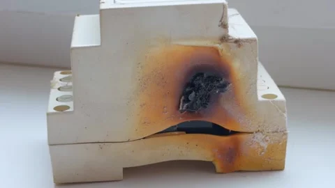 Burnt electrical relay with melted housing and visible overheating marks Stock Footage 327705693