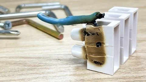 Burnt electrical wire and melted terminal block after overheating Fotos de archivo