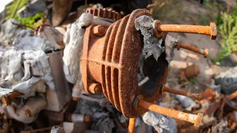 Burnt Engine Part: Rusty Aftermath of Fire Stock Photos