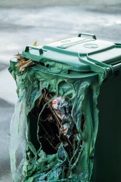 Burnt green garbage can Stock-Fotos