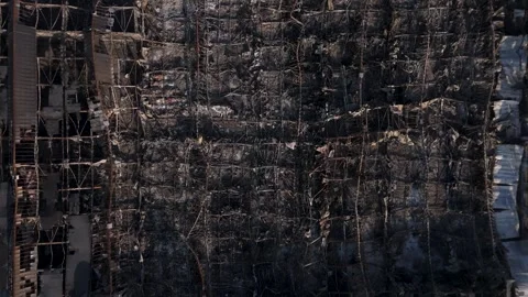 Burnt Industrial Building After Fire Accident with Smoke Damage Aerial View Stock Footage 315525449
