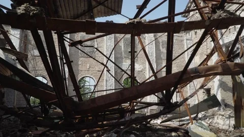 Burnt interior. Destroyed and burned-down house of culture, Irpin. 2022 Stockbeeldmateriaal 221256690