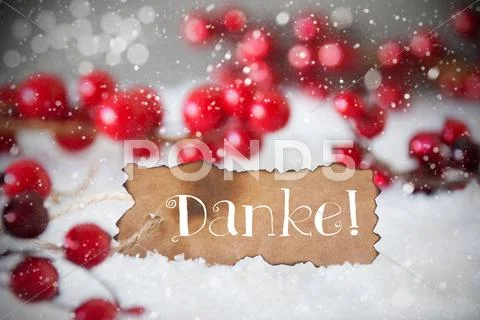 Burnt Label, Snow, Snowflakes, Danke Means Thank You Stock Photos