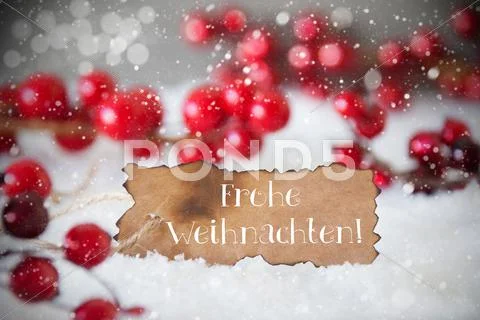 Burnt Label, Snow, Snowflakes, Frohe Weihnachten Means Merry Christmas Stock Photos
