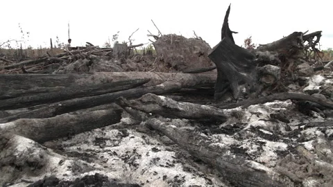 Burnt Logs and Ash after Wildfire, Indonesia Stock Footage 142776532