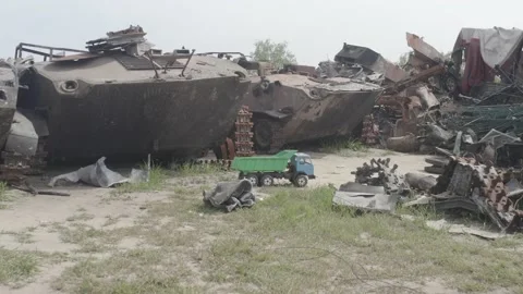 Burnt military equipment after a missile attack. Stock Footage 192380053