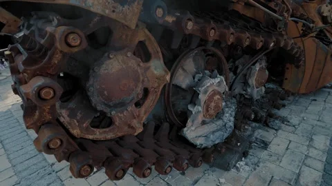 Burnt Military Equipment with Heavy Fire Damage After Battlefield Engagement 스톡 동영상 336279853