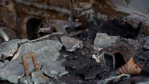 Burnt out car, closeup. Inside a burnt auto. Stock Footage 121748355