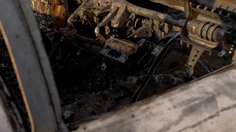 Burnt out car. Inside a burnt auto. The burned-out car interior. Stock Footage 121747859
