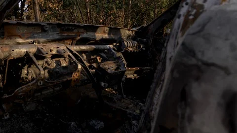 Burnt out car. Inside a burnt auto. The burned-out car interior. Stock Footage 121747994