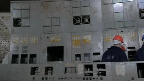 Burnt-out control panel of the fourth unit of the Chernobyl nuclear power plant Stock Footage 194709145