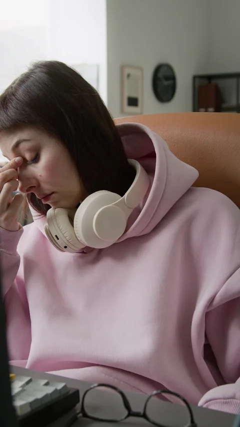 Burnt-Out Female Software Engineer Taking off Glasses and Massaging Face Stock Footage 335941962