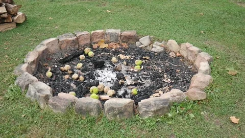 Burnt out fire pit in a town park Vídeo Stock 141765308