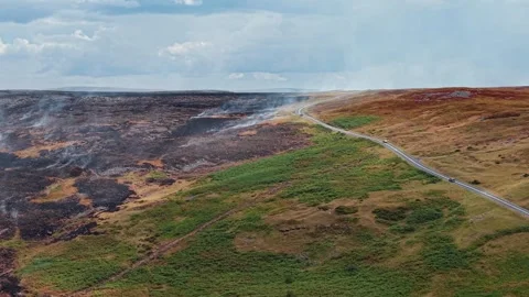 Burnt Peat and Charred Heather After Moorland Wildfire in Wales, Aerial View Stock-Footage 343686978
