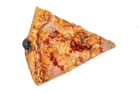 Burnt pizza crust, triangular pizza on a white isolated background. Hawaiian  写真素材