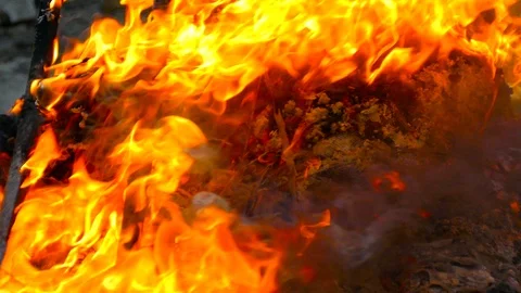 Burnt remains of a suitcase in a fire Stock Footage 91400818