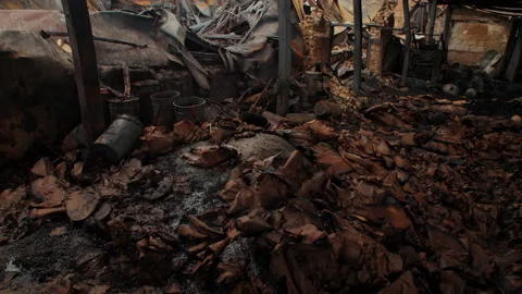 Burnt remnants of goods in the warehouse Stock-Footage 199682690