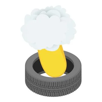 Burnt wheel icon isometric vector. Old worn car tire and flame tongue with cloud Stock Illustration