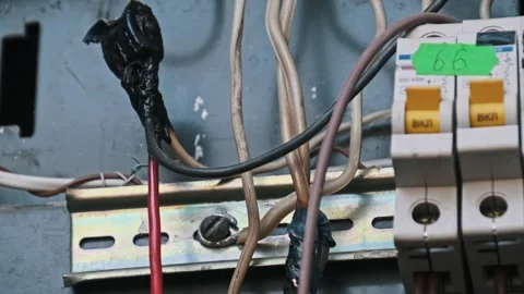Burnt Wiring Close Up Inside Electrical Box Video stock 303710231
