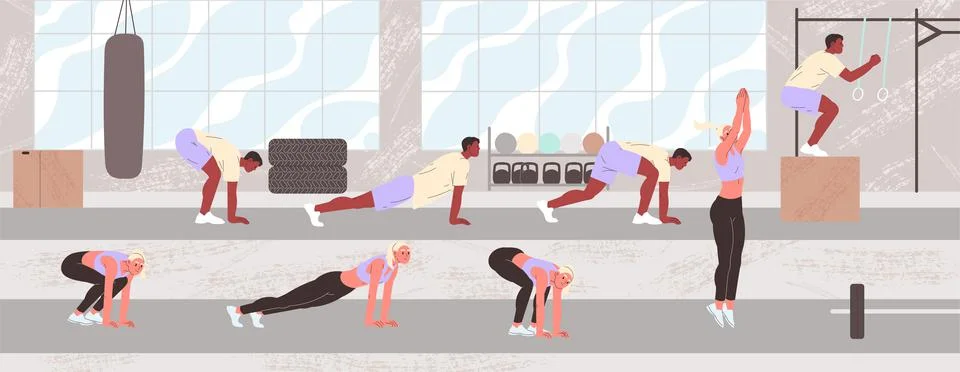 Burpee exercise performs man and woman in gym Stock Illustration
