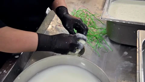 Burrata cheese production process with hands shaping cheese and herbs Stock Footage 337229295