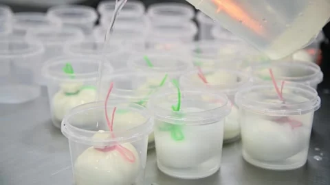 Burrata cheese production process with water pouring into plastic containers Stock Footage 337229307